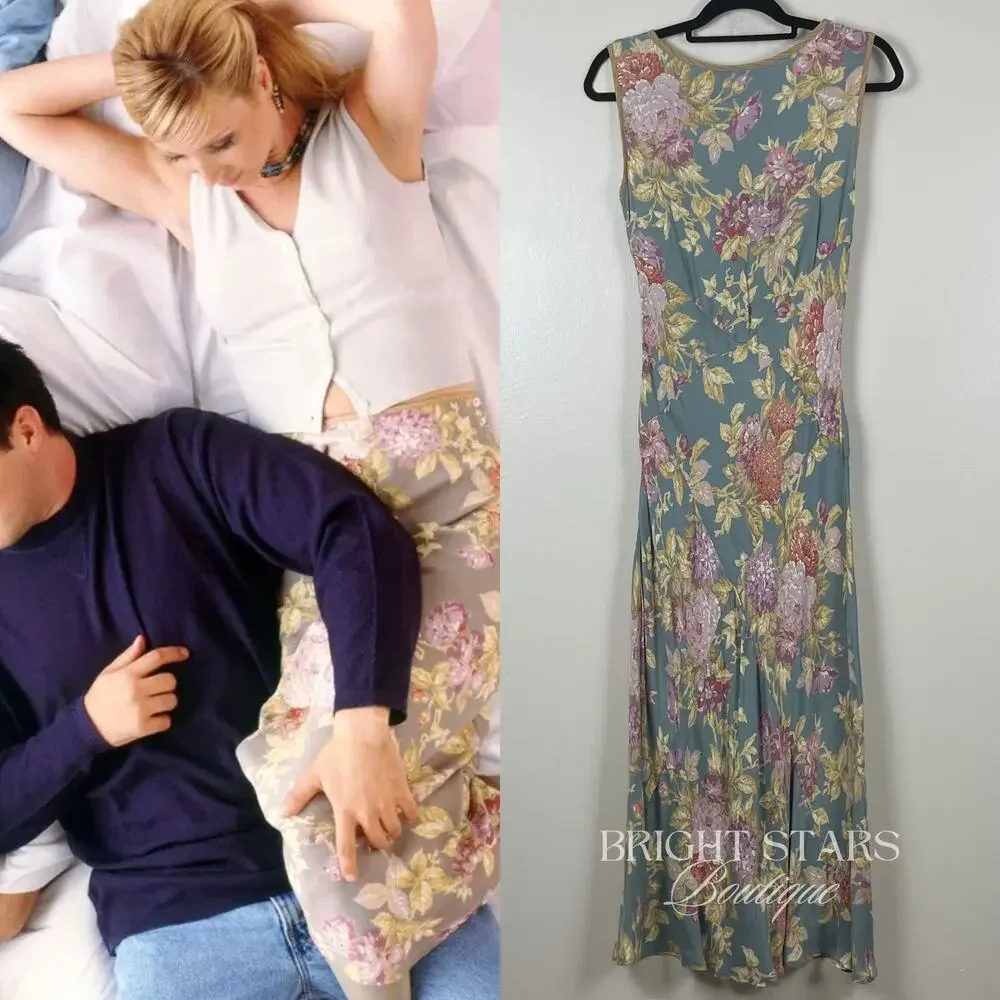 Super Rare Floral Maxi Dress ALT ASO Phoebe Buffay Friends Green Sleeveless VTG